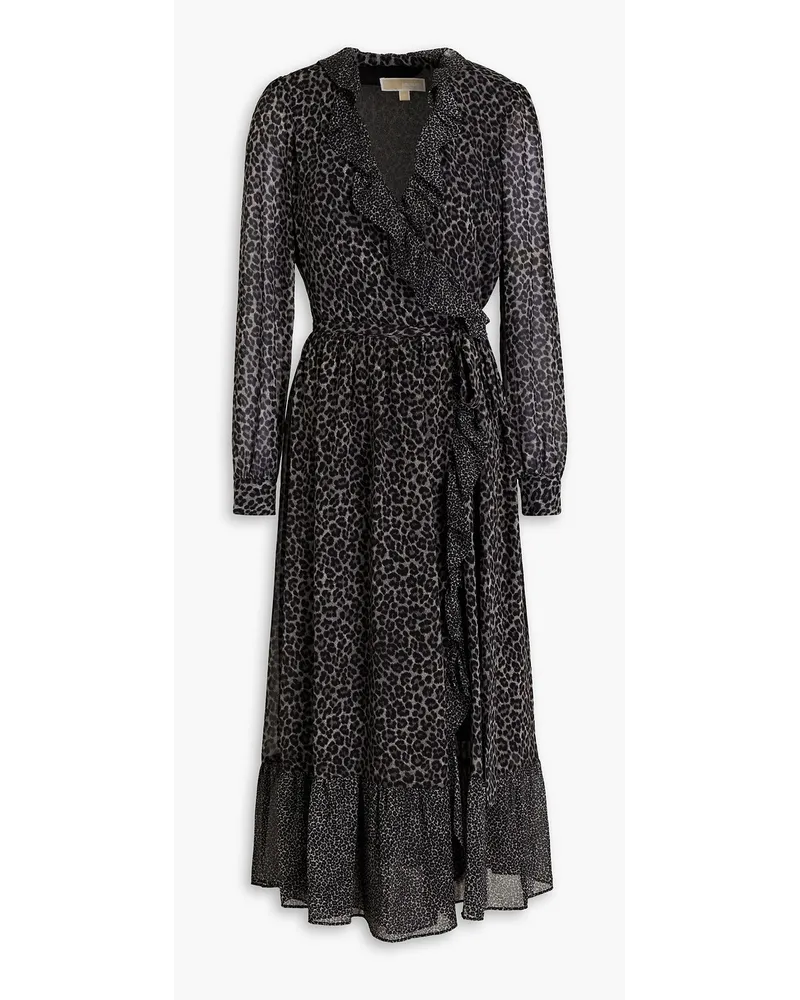 Ruffled leopard-print crepe midi dress - Gray