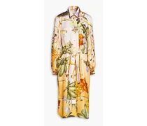Embellished printed silk-twill midi shirt dress - Yellow