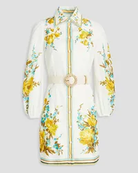 Zimmermann Belted floral-print linen mini shirt dress - White White