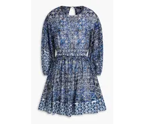 Cutout printed cotton-voile mini dress - Blue