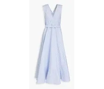 Relief belted striped cotton-poplin midi dress - Blue