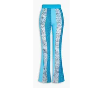 Metallic paneled silk-crepe de chine flared pants - Blue