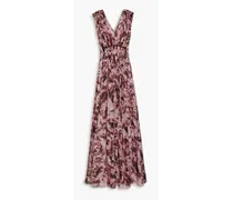 Lattice-trimmed floral-print silk-chiffon maxi dress - Burgundy