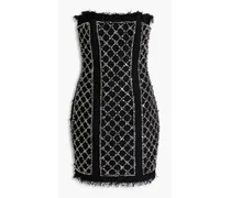 Strapless frayed crystal-embellished tweed mini dress - Black