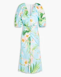 Carolina Herrera New York Ruched floral-print cotton-blend poplin midi dress - Blue Blue