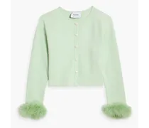 Cropped feather-trimmed stretch-knit cardigan - Green