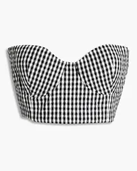 Balmain Cropped gingham cotton-blend seersucker bustier top - Black Black