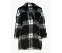 Double-breasted checked brushed wool-blend felt coat - Black