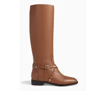 Rockstud pebbled-leather knee boots - Brown