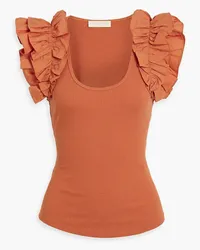 Ulla Johnson Ruffled poplin-trimmed ribbed-knit top - Orange Orange