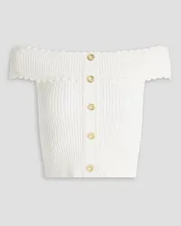 Sandro Off-the-shoulder cropped button-embellished ribbed-knit top - White White