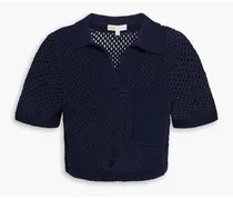 Cropped crochet-knit cotton-blend polo shirt - Blue
