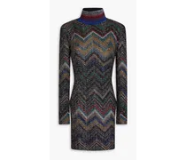 Metallic crochet-knit mini turtleneck dress - Black