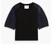 Broderie anglaise-paneled cotton-jersey top - Black