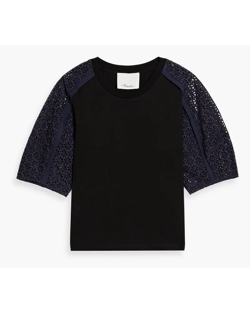 3.1 phillip lim Broderie anglaise-paneled cotton-jersey top - Black Black