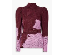Illusional Perspective belted cutout floral-print satin-jacquard blouse - Burgundy