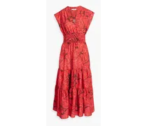 Tiered printed satin-crepe midi dress - Red