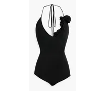 Floral-appliquéd stretch-jersey halterneck bodysuit - Black