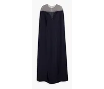 Cape-effect embellished tulle-trimmed crepe gown - Blue