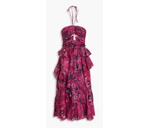 Simona ruffled printed cotton-blend halterneck midi dress - Pink