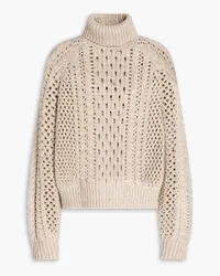 Brunello Cucinelli Sequin-embellished pointelle-knit cashmere-blend turtleneck sweater - Neutral Neutral