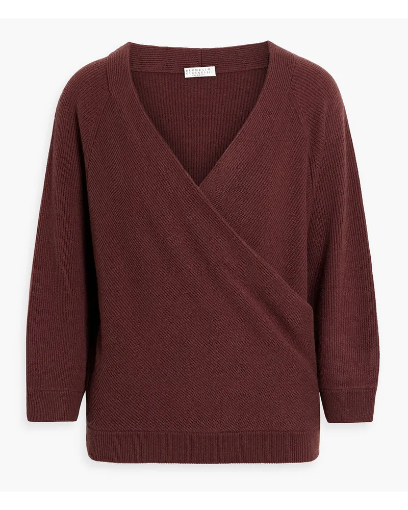 Brunello Cucinelli Wrap-effect ribbed cashmere sweater - Burgundy Burgundy