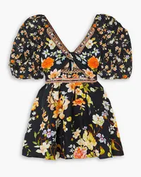 Camilla Crystal-embellished cutout floral-print linen and silk-blend mini dress - Black Black