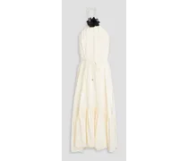 Off-the-shoulder tiered silk crepe de chine midi dress - White