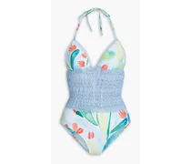 Gwen crocheted lace-paneled printed halterneck swimsuit - Blue