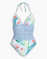 Charo Ruiz Gwen crocheted lace-paneled printed halterneck swimsuit - Blue Blue