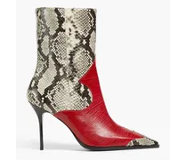 Croc-effect leather and snake ankle boots - Red