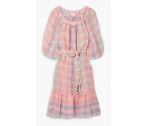 Laure belted checked linen-blend gauze midi dress - Pink