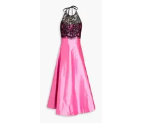Lace-paneled silk-blend shantung midi dress - Pink