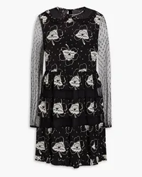 RED Valentino Printed point d'esprit-paneled silk mini dress - Black Black