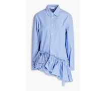Asymmetric ruffled striped cotton-poplin shirt - Blue