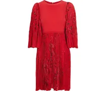 Paneled printed plissé silk crepe de chine dress - Red