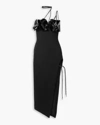 David Koma Embellished patent leather-trimmed wool-crepe midi dress - Black Black