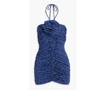 Ruched polka-dot stretch-jersey halterneck mini dress - Blue