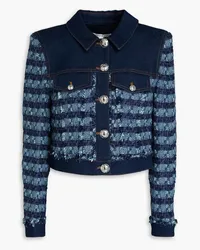 Veronica Beard Cropped denim-paneled tweed jacket - Blue Blue