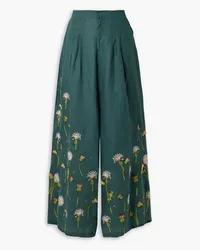 AGUA BENDITA Piñon pleated embroidered linen wide-leg pants - Green Green