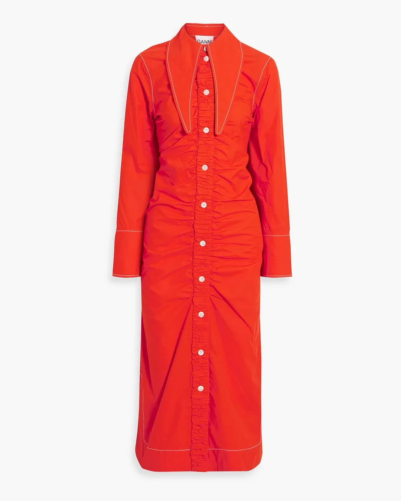 Ruched cotton-poplin midi shirt dress - Red
