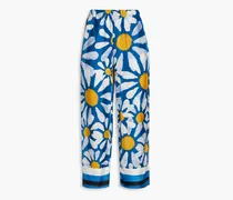 Cropped floral-print satin wide-leg pants - Blue