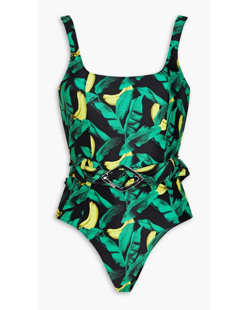 Ganni Belted printed swimsuit - Green Green