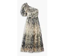 Artemis one-shoulder ruffled printed silk-chiffon midi dress - Neutral