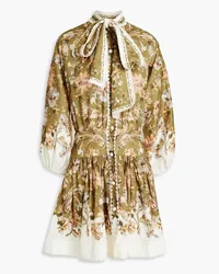 Zimmermann Pussy-bow floral-print linen mini dress - Green Green