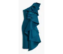 One-shoulder ruffled duchesse satin midi dress - Blue