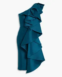 Badgley Mischka One-shoulder ruffled duchesse satin midi dress - Blue Blue