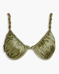 Isa Boulder Ruched metallic stretch-satin bikini top - Green Green