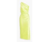 One-shoulder ruched silk-satin midi dress - Yellow