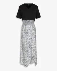 Maje Stretch-jersey and shirred floral-print satin midi dress - Black Black